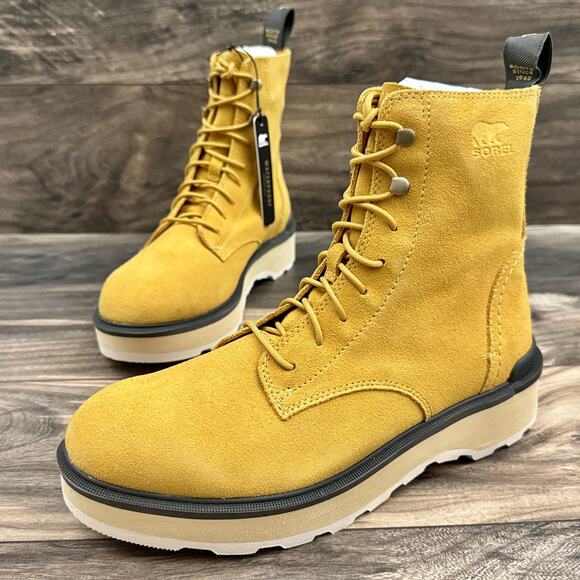 NIB Sorel Hi Line Lace 9.5 Waterproof Leather Lug Sole Combat Boots Geo Yellow - Picture 3 of 14